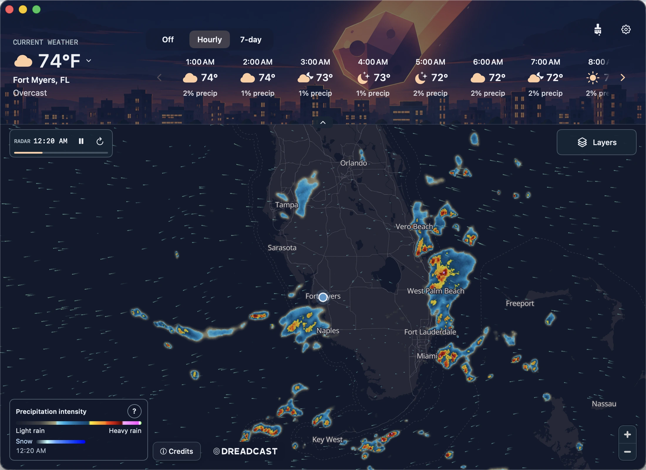 The complete native Dreadcast Mac window with illustrated header, hourly forecast, and radar.